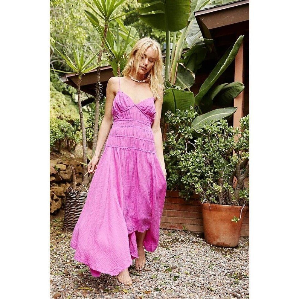 NEW FREE PEOPLE Sz L VERBENA MIDI DRESS PINK